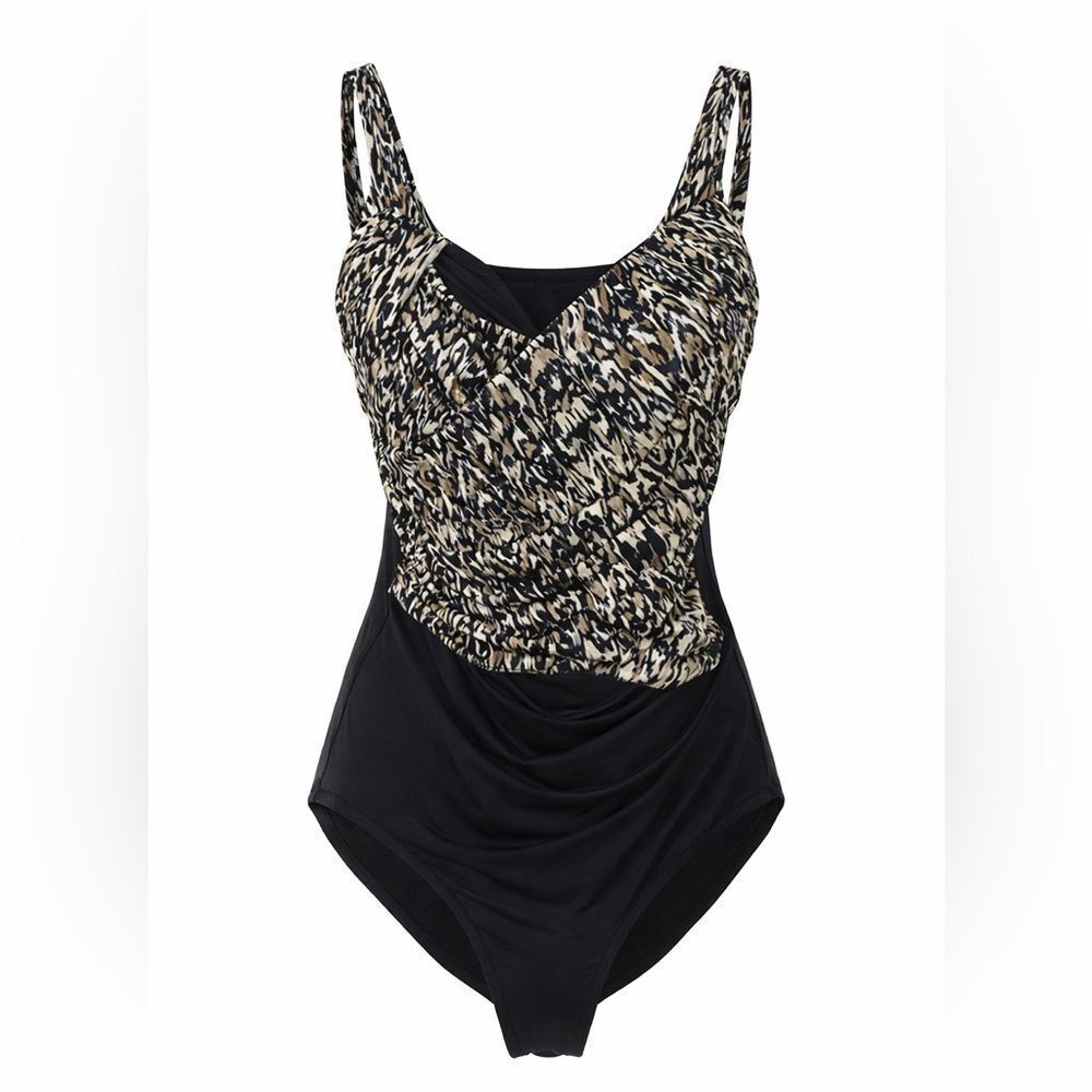 Badgley Mischka Black Printed Ruched One Piece Swimsuit Size 6